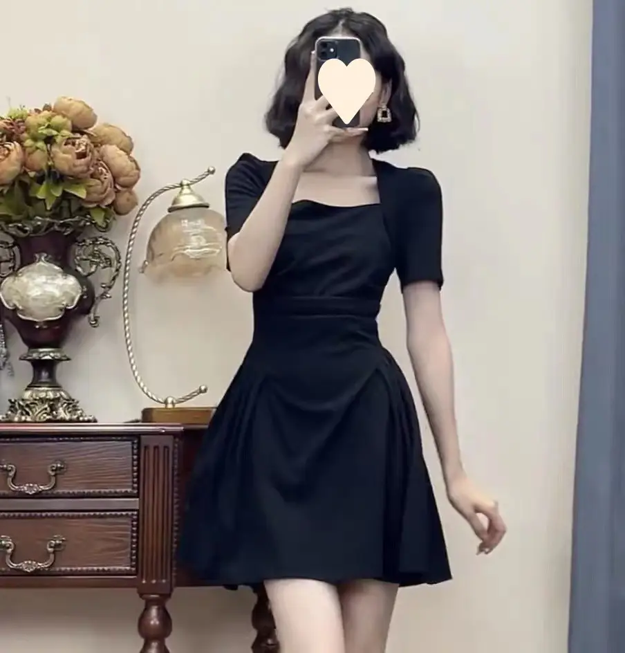 Black Square Collar Pleated Skirt Dress for Women — feature 4