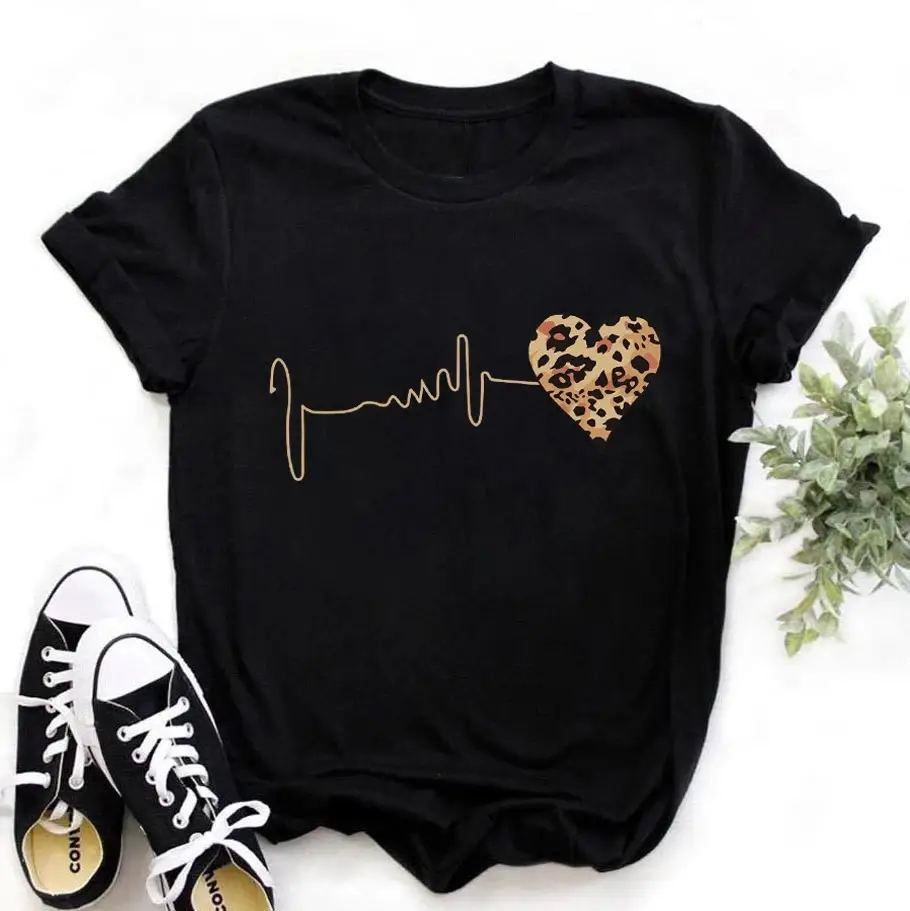 Women Black Heartbeat Graphic T-Shirt Short Sleeve