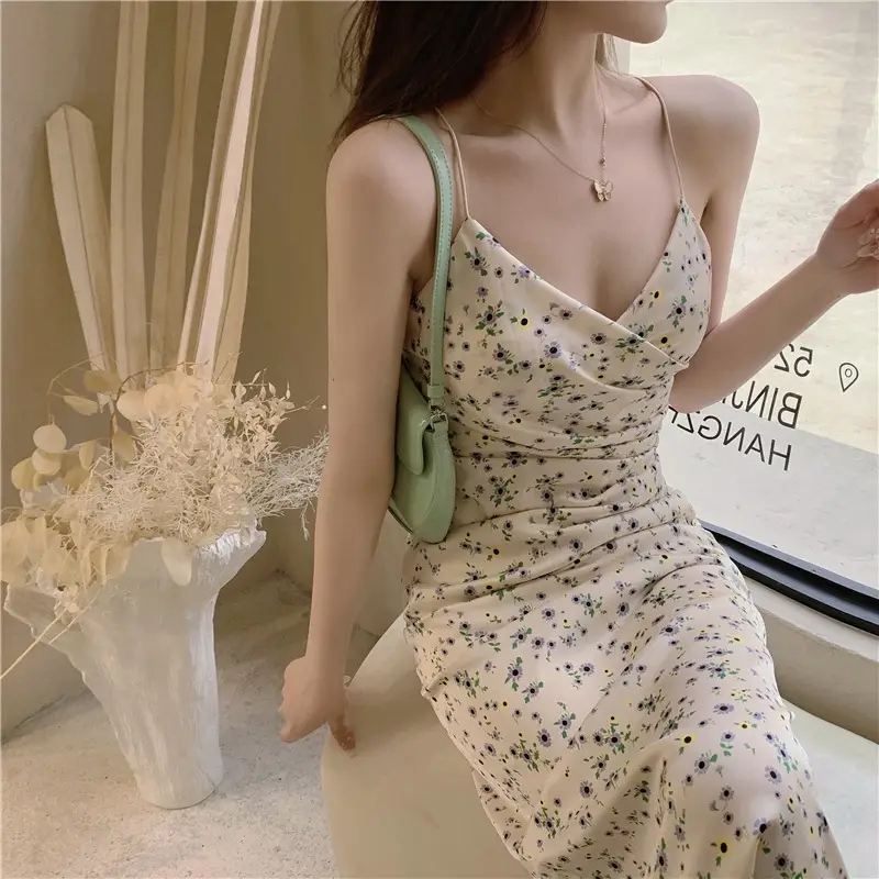 Women Floral V-Neck Long Skirt Tea Break Dress - Image 4