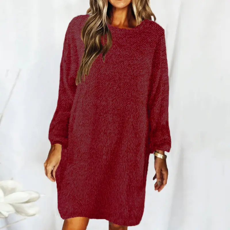 Brown Loose Long Sleeve Plush Dress for Women