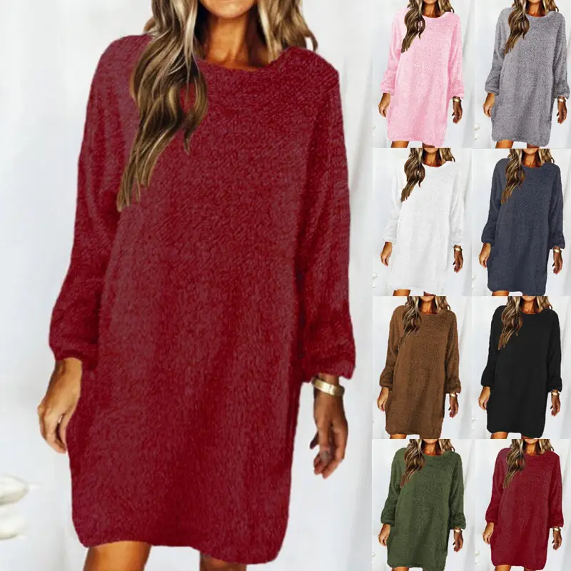 Brown Loose Long Sleeve Plush Dress for Women