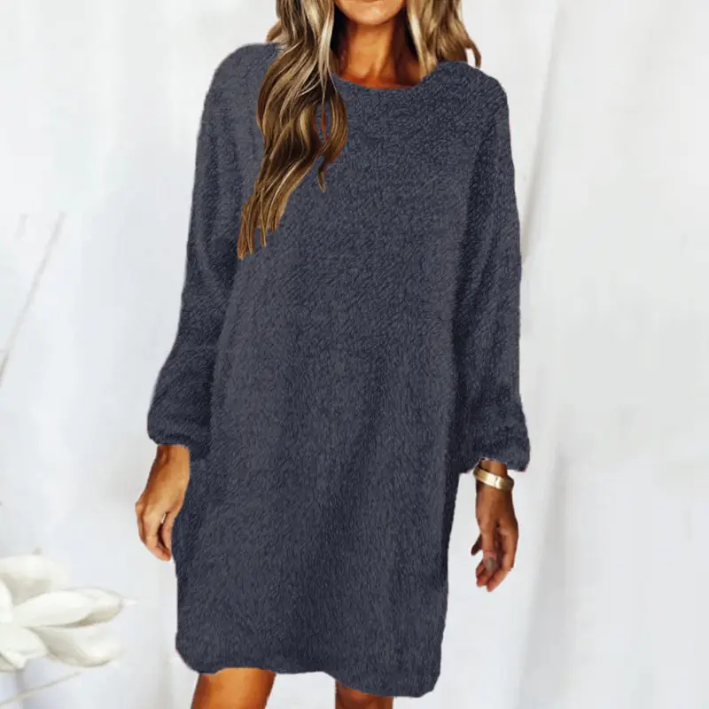 Brown Loose Long Sleeve Plush Dress for Women