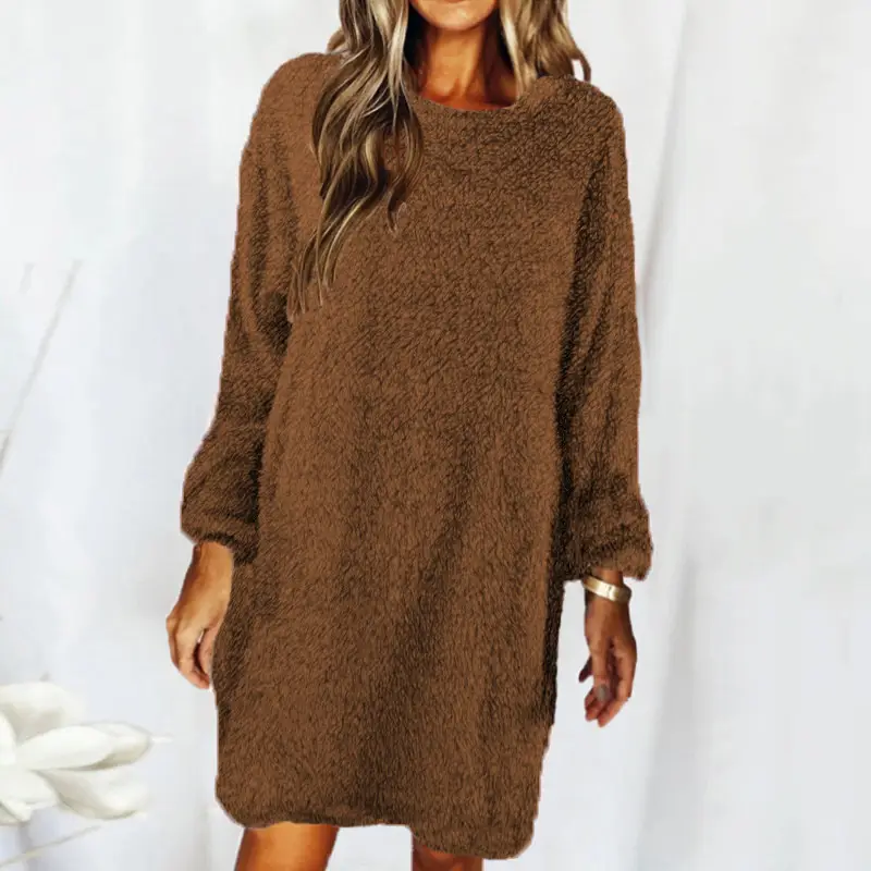 Brown Loose Long Sleeve Plush Dress for Women