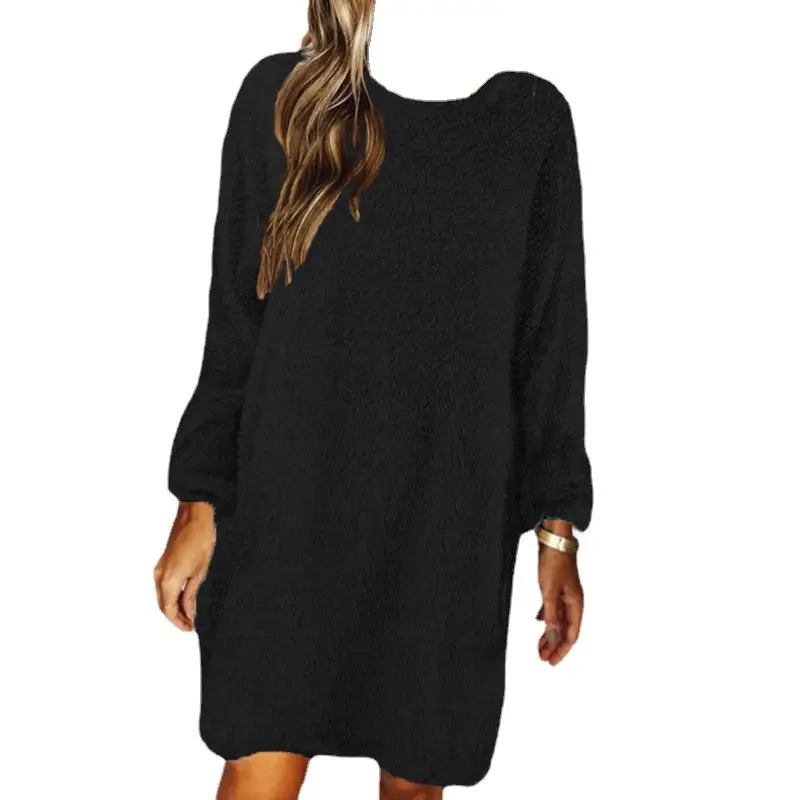 Brown Loose Long Sleeve Plush Dress for Women