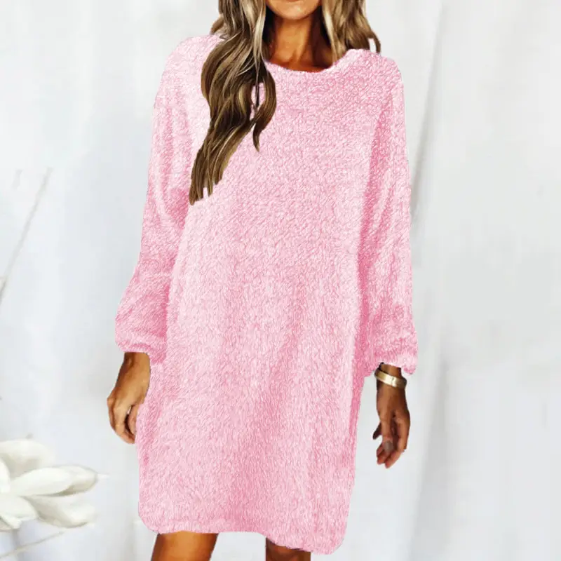 Brown Loose Long Sleeve Plush Dress for Women