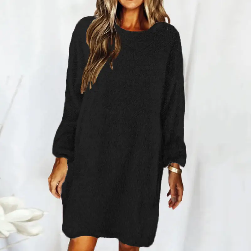 Brown Loose Long Sleeve Plush Dress for Women