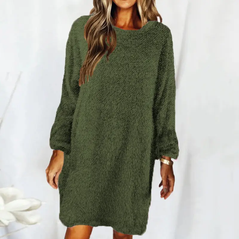 Brown Loose Long Sleeve Plush Dress for Women