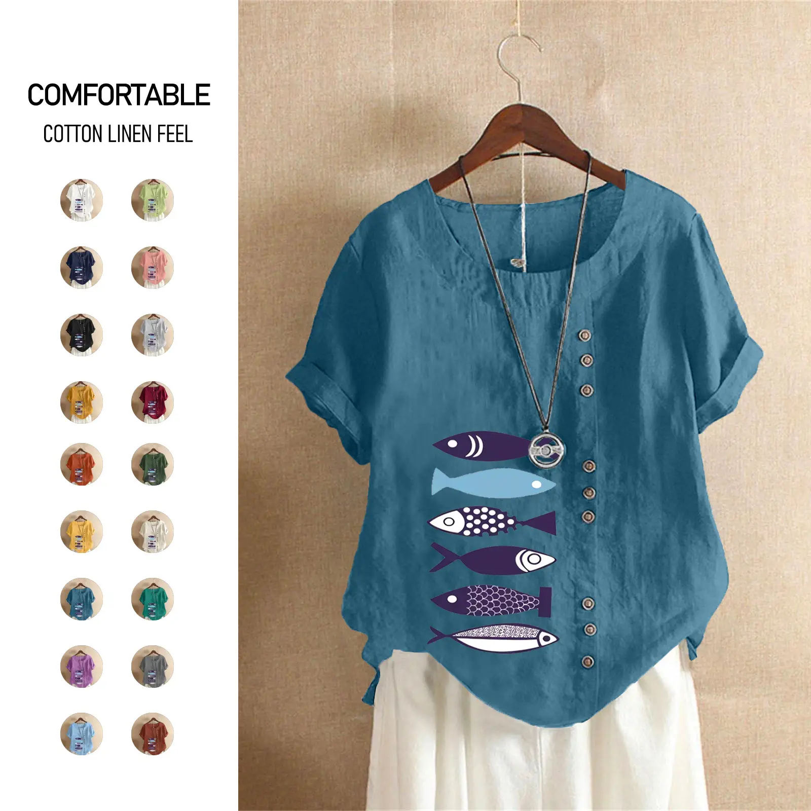 Purple Fish Print Plus Size T-Shirt for Women - Image 19