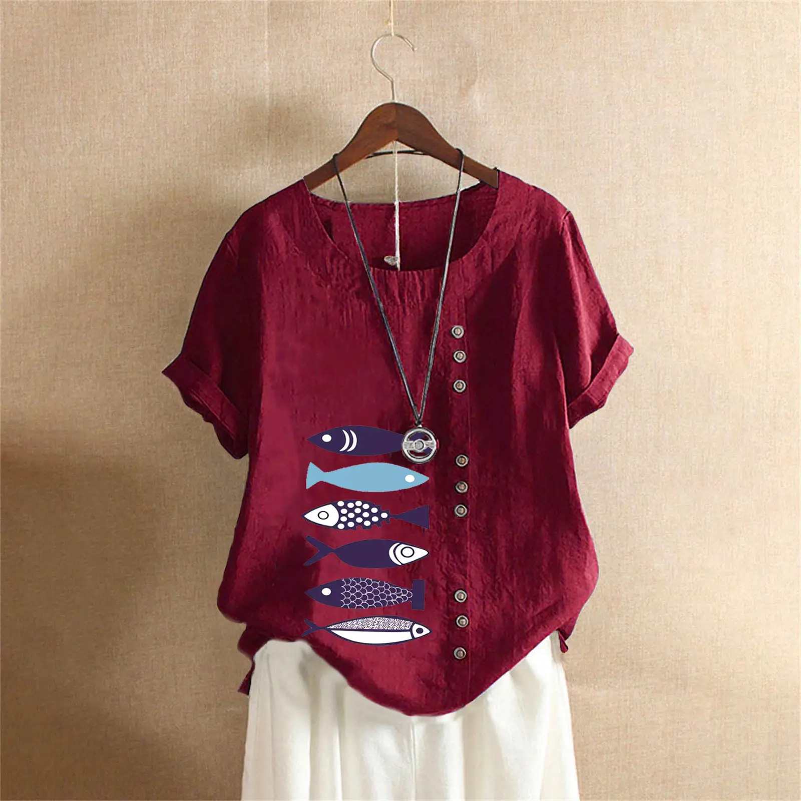 Purple Fish Print Plus Size T-Shirt for Women - Image 10