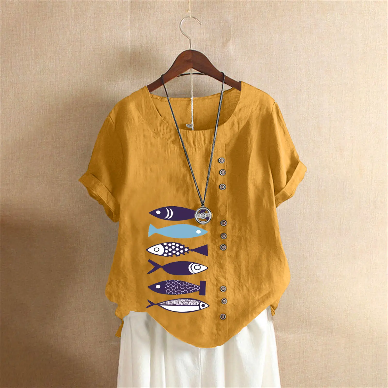 Purple Fish Print Plus Size T-Shirt for Women - Image 11