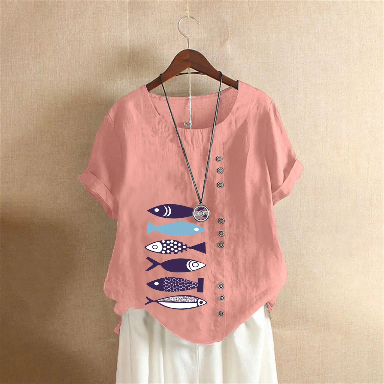 Purple Fish Print Plus Size T-Shirt for Women - Image 12