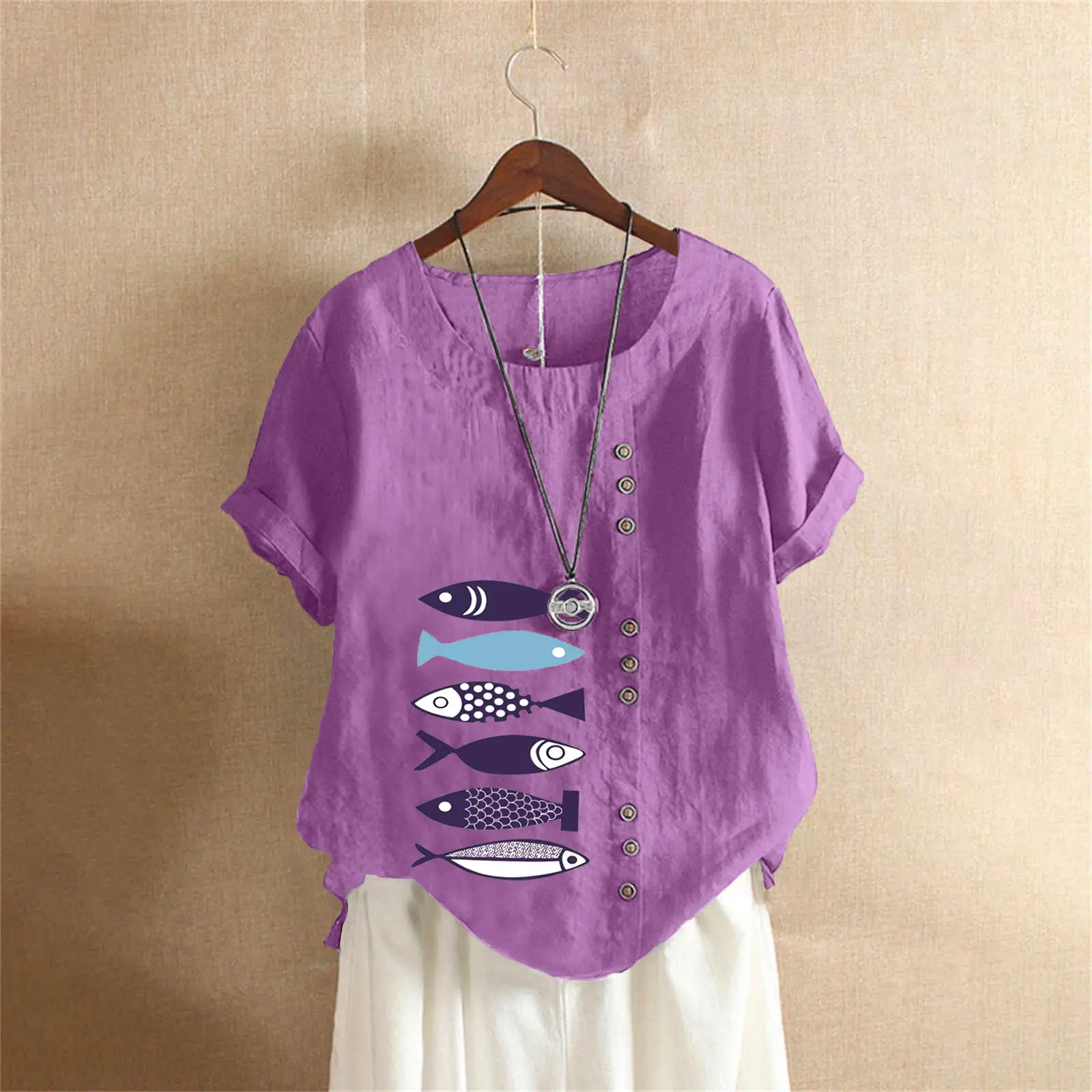 Purple Fish Print Plus Size T-Shirt for Women - Image 13