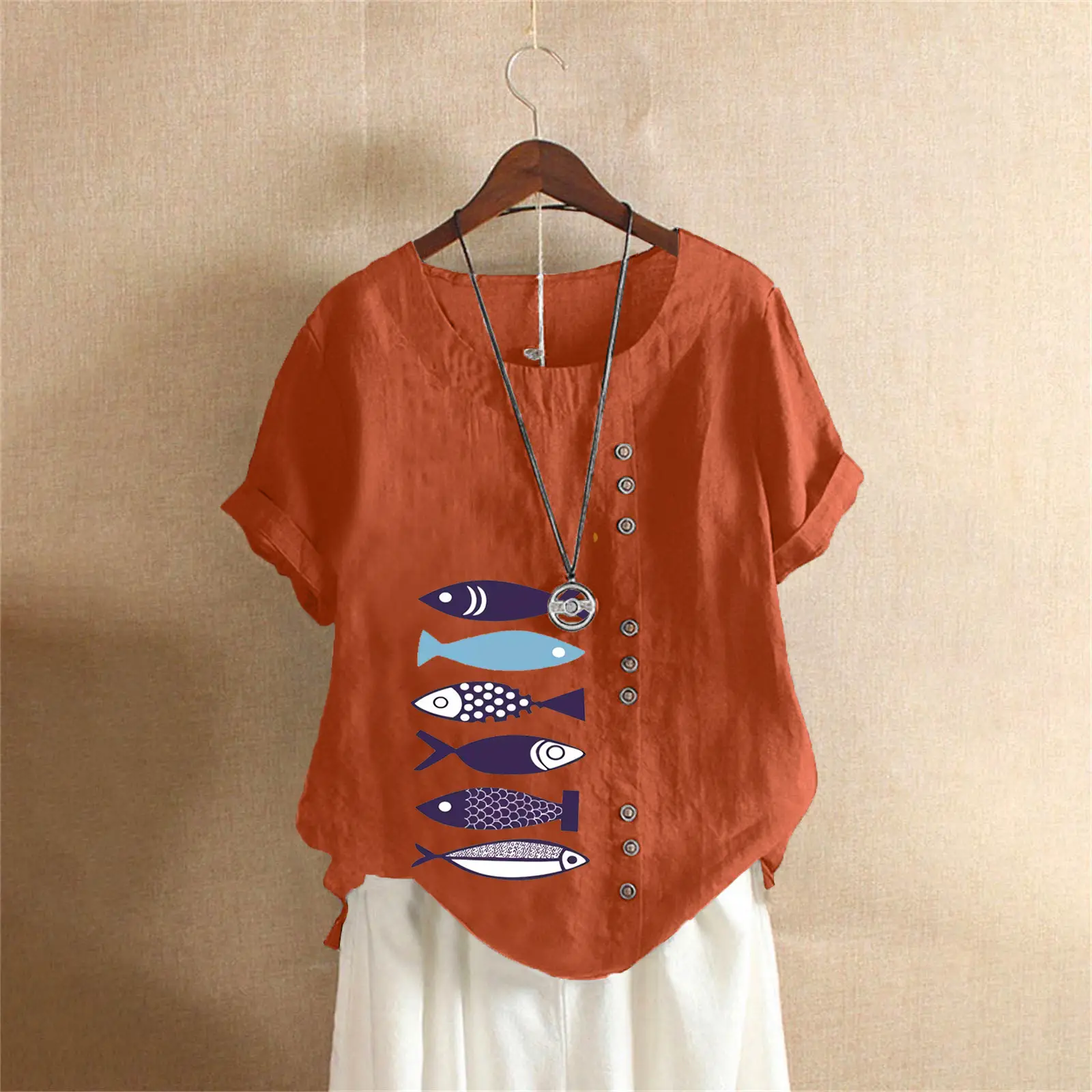 Purple Fish Print Plus Size T-Shirt for Women - Image 14