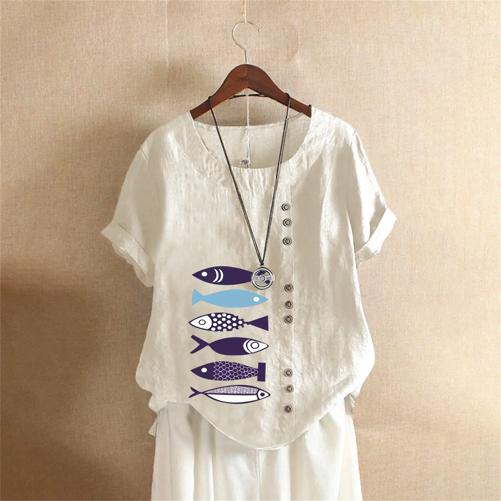 Purple Fish Print Plus Size T-Shirt for Women - Image 15