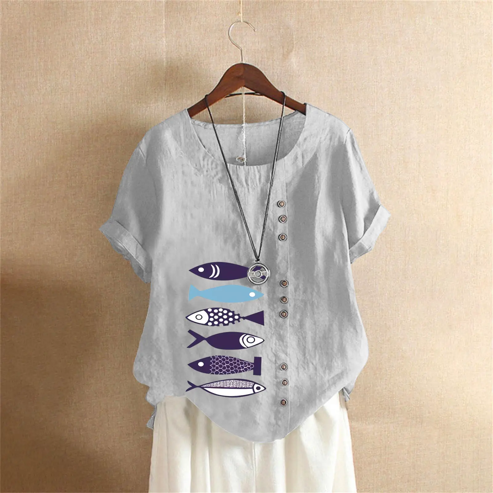 Purple Fish Print Plus Size T-Shirt for Women - Image 16