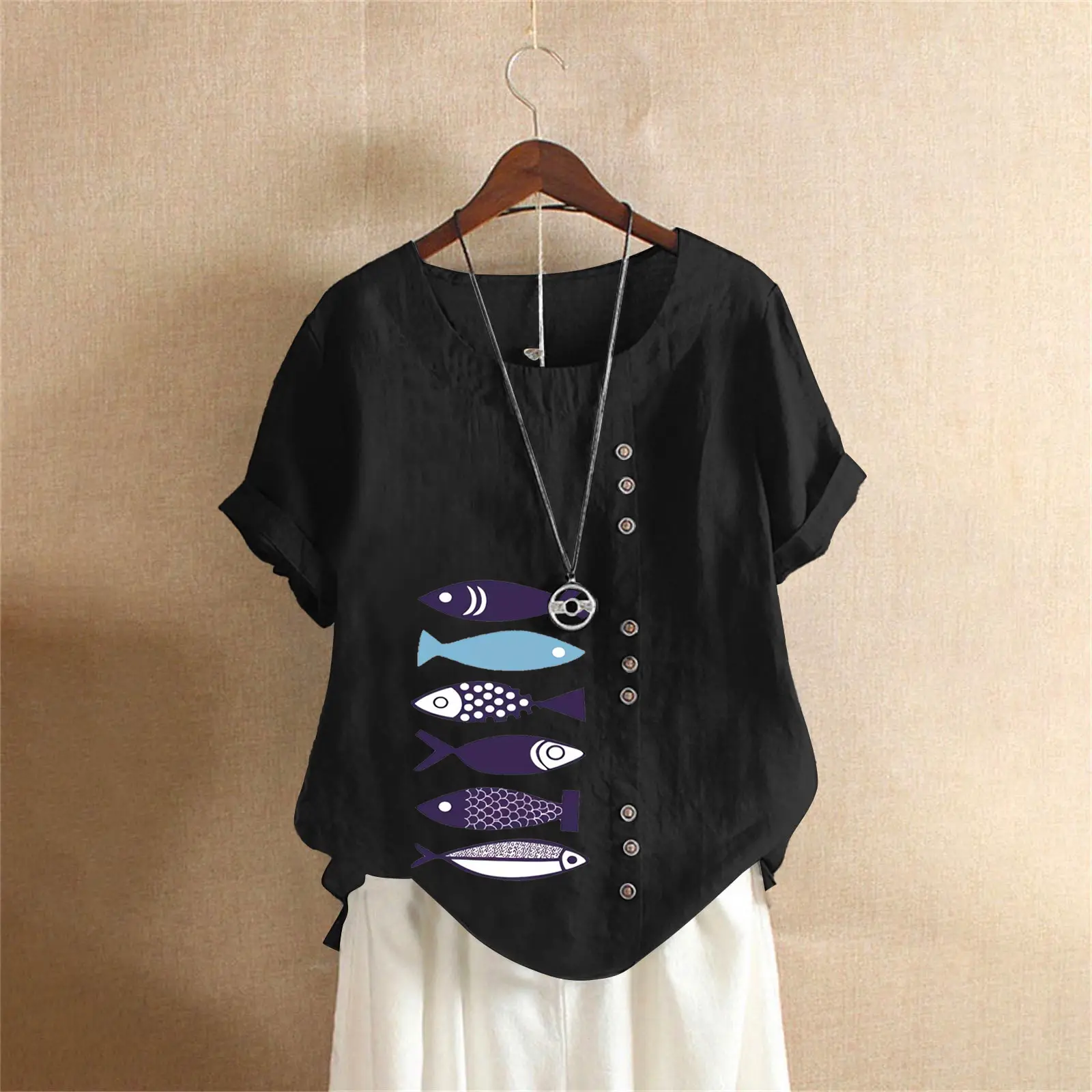 Purple Fish Print Plus Size T-Shirt for Women - Image 17