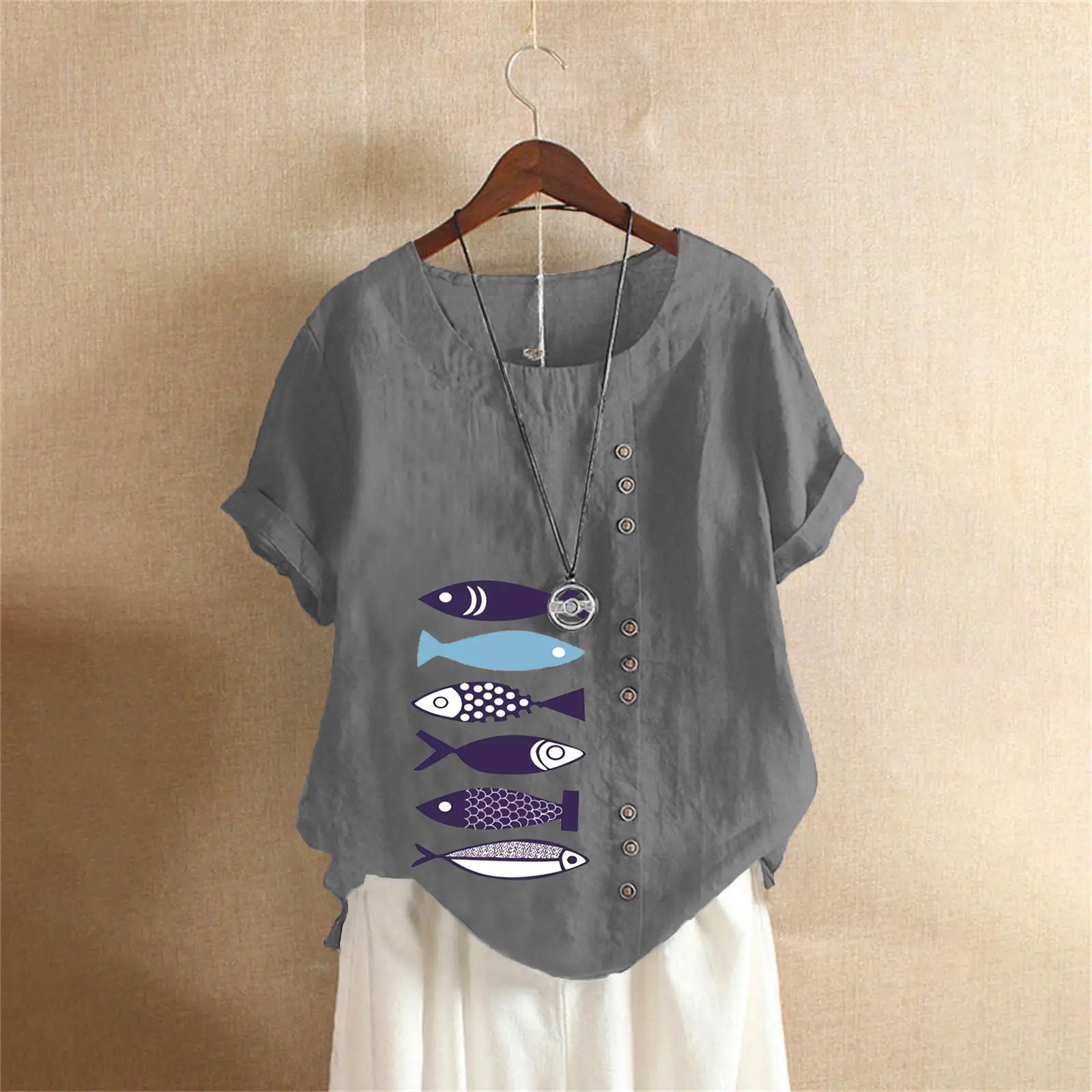 Purple Fish Print Plus Size T-Shirt for Women - Image 18