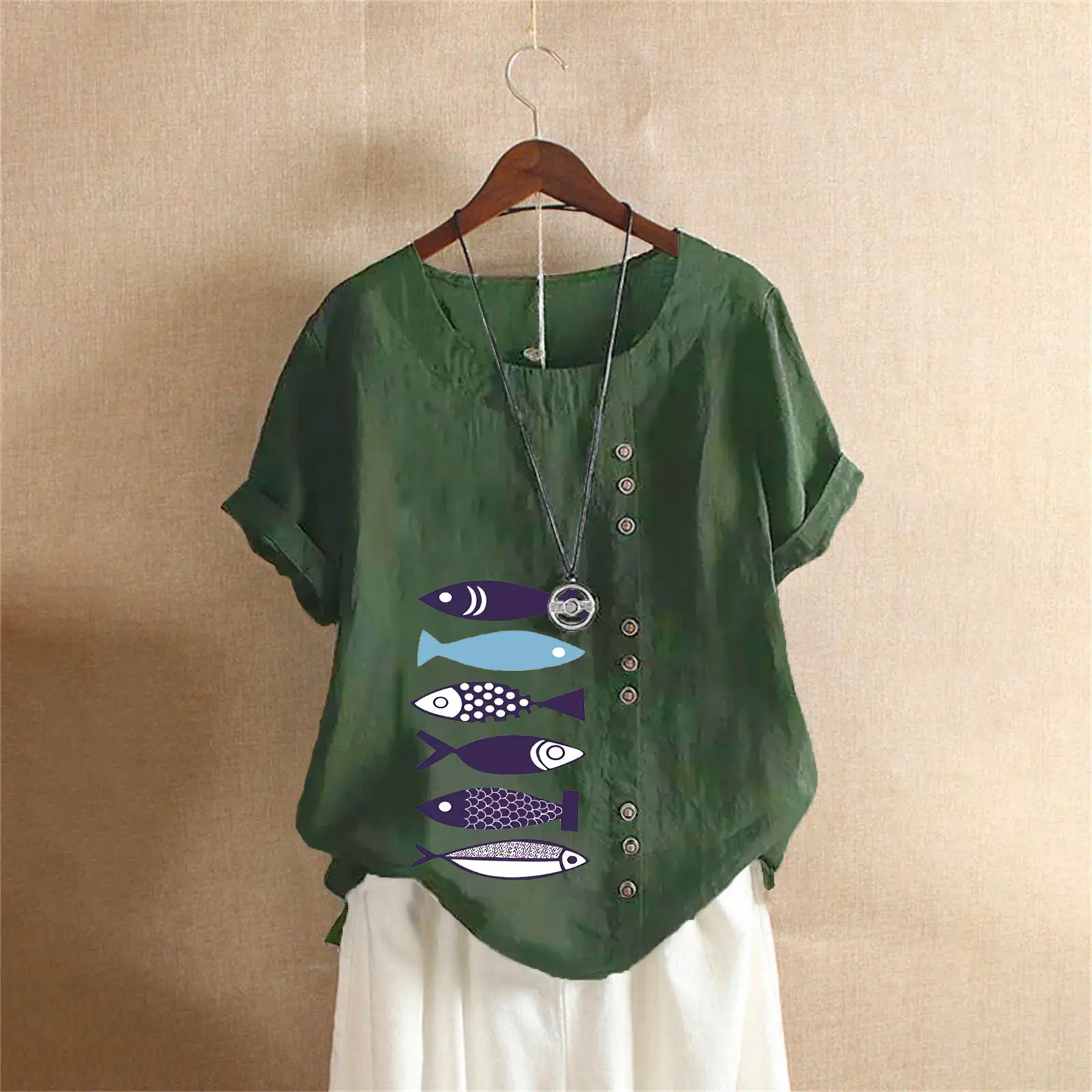 Purple Fish Print Plus Size T-Shirt for Women - Image 2