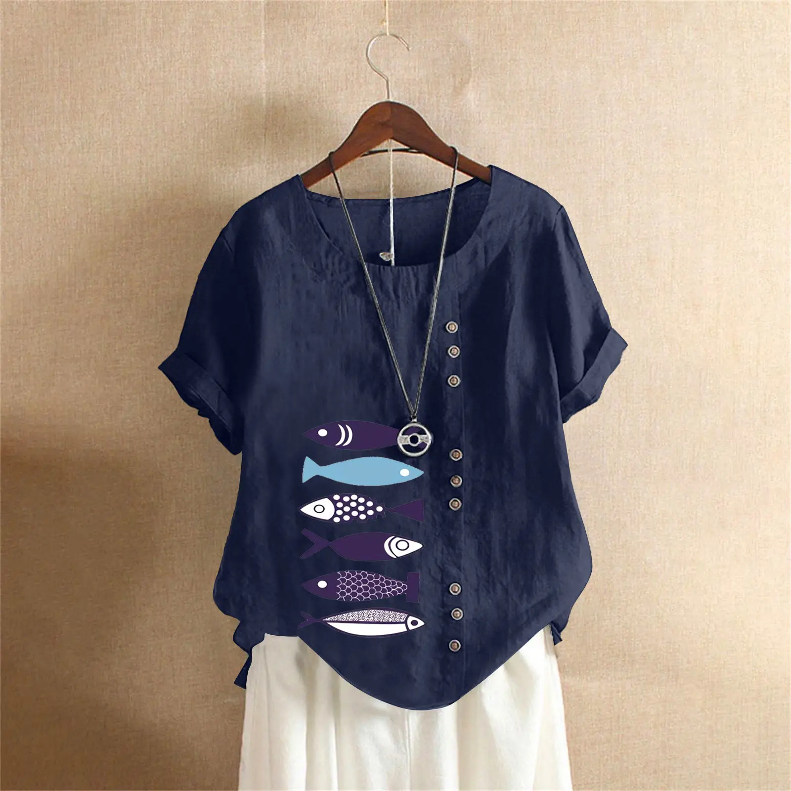 Purple Fish Print Plus Size T-Shirt for Women - Image 3