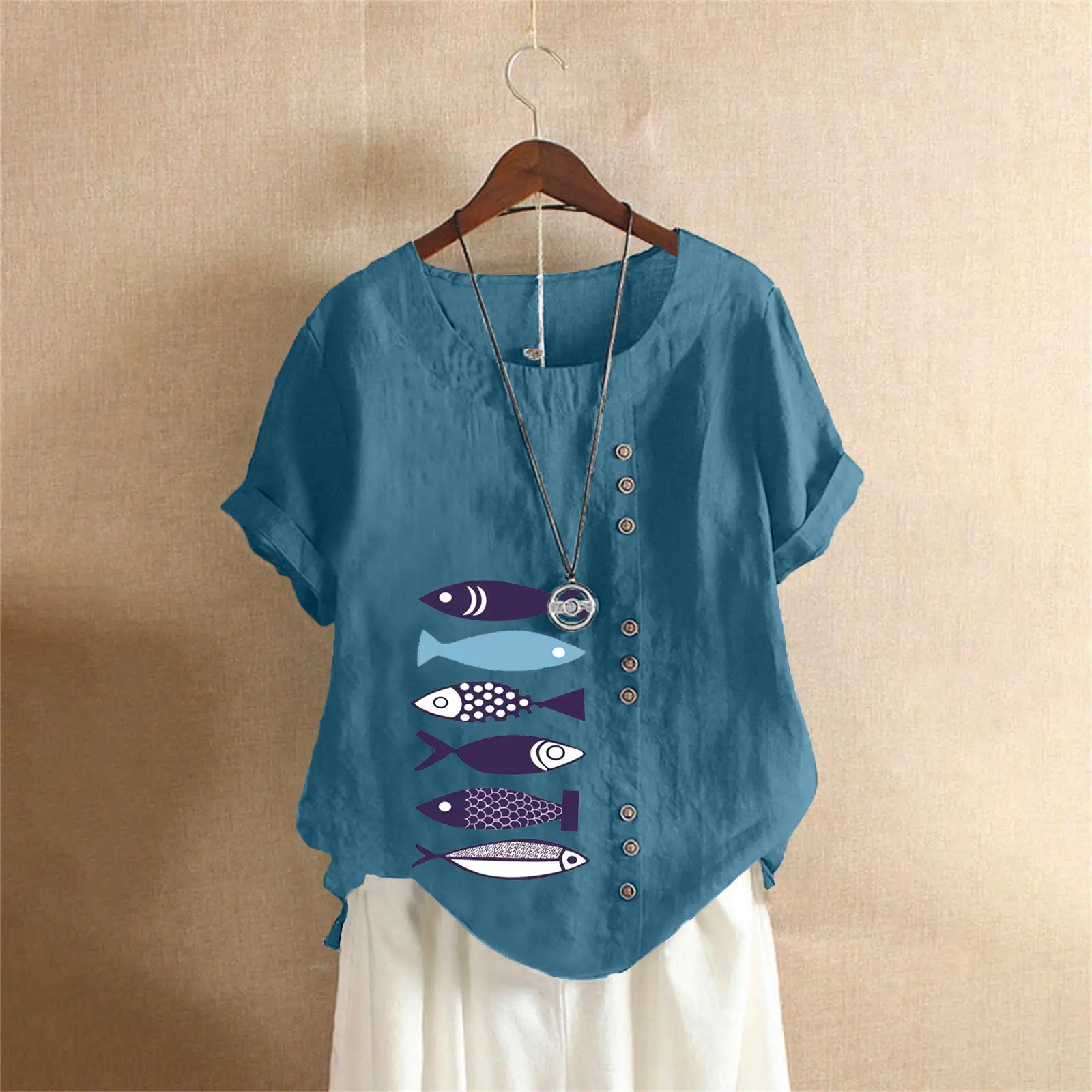 Purple Fish Print Plus Size T-Shirt for Women - Image 4