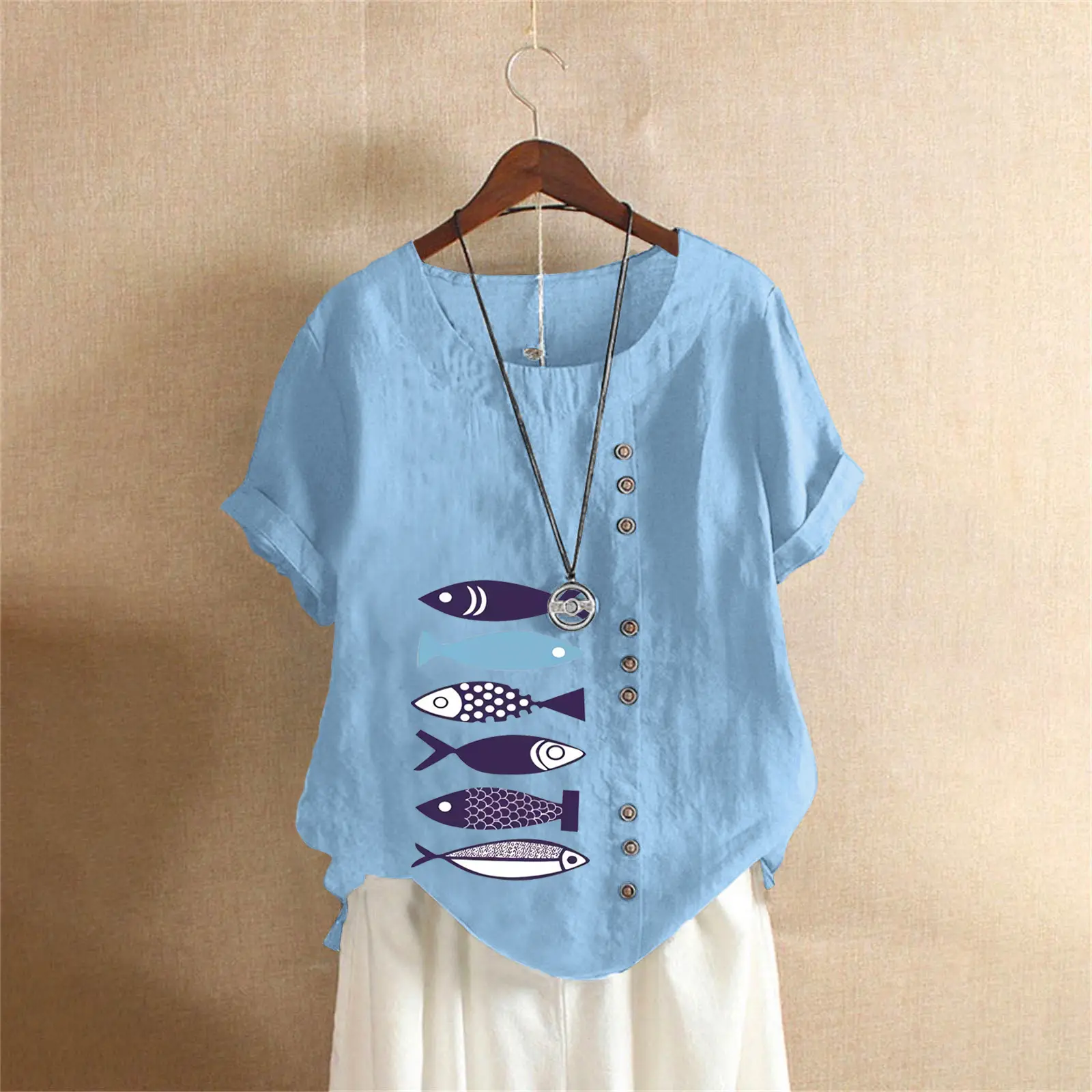 Purple Fish Print Plus Size T-Shirt for Women - Image 6