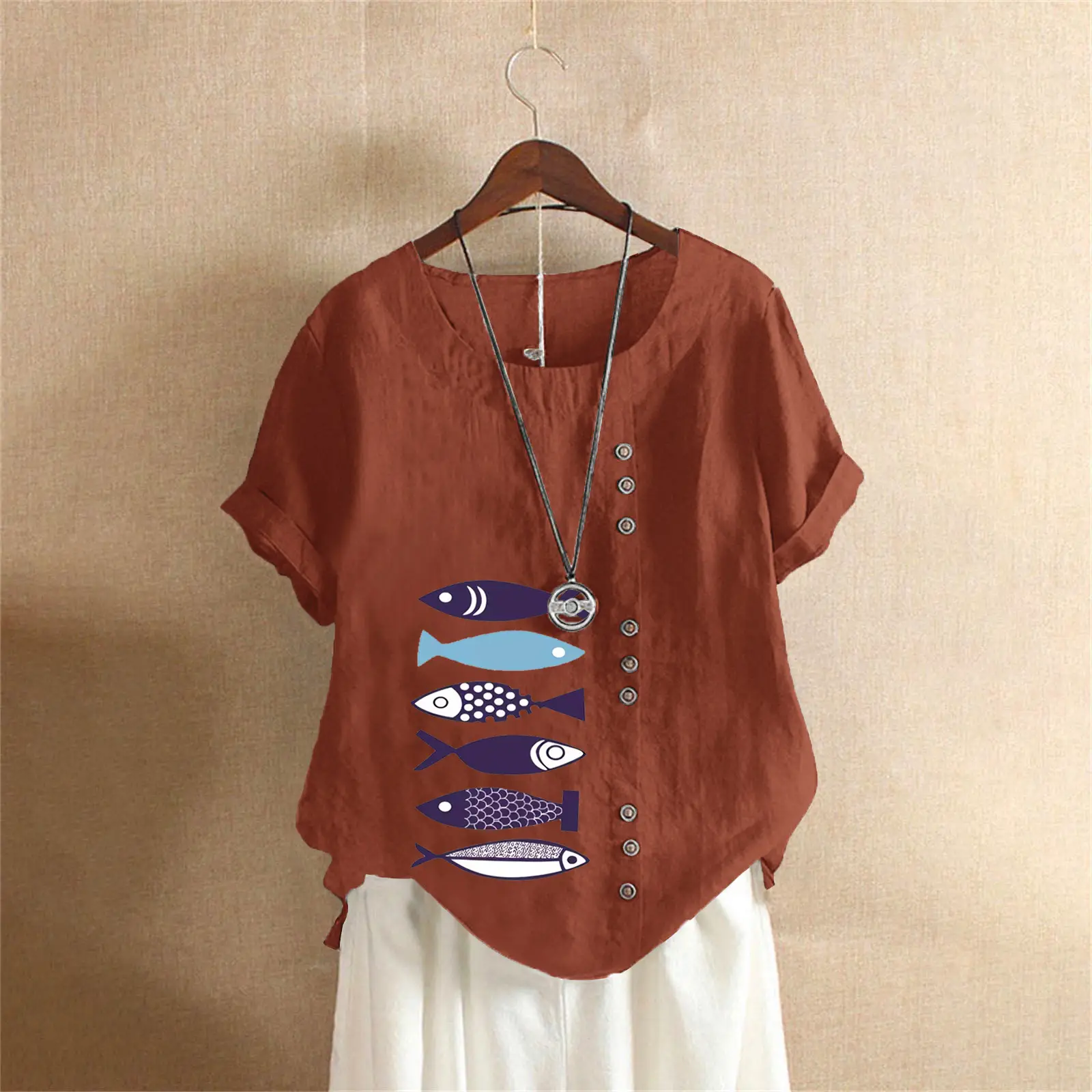 Purple Fish Print Plus Size T-Shirt for Women - Image 7