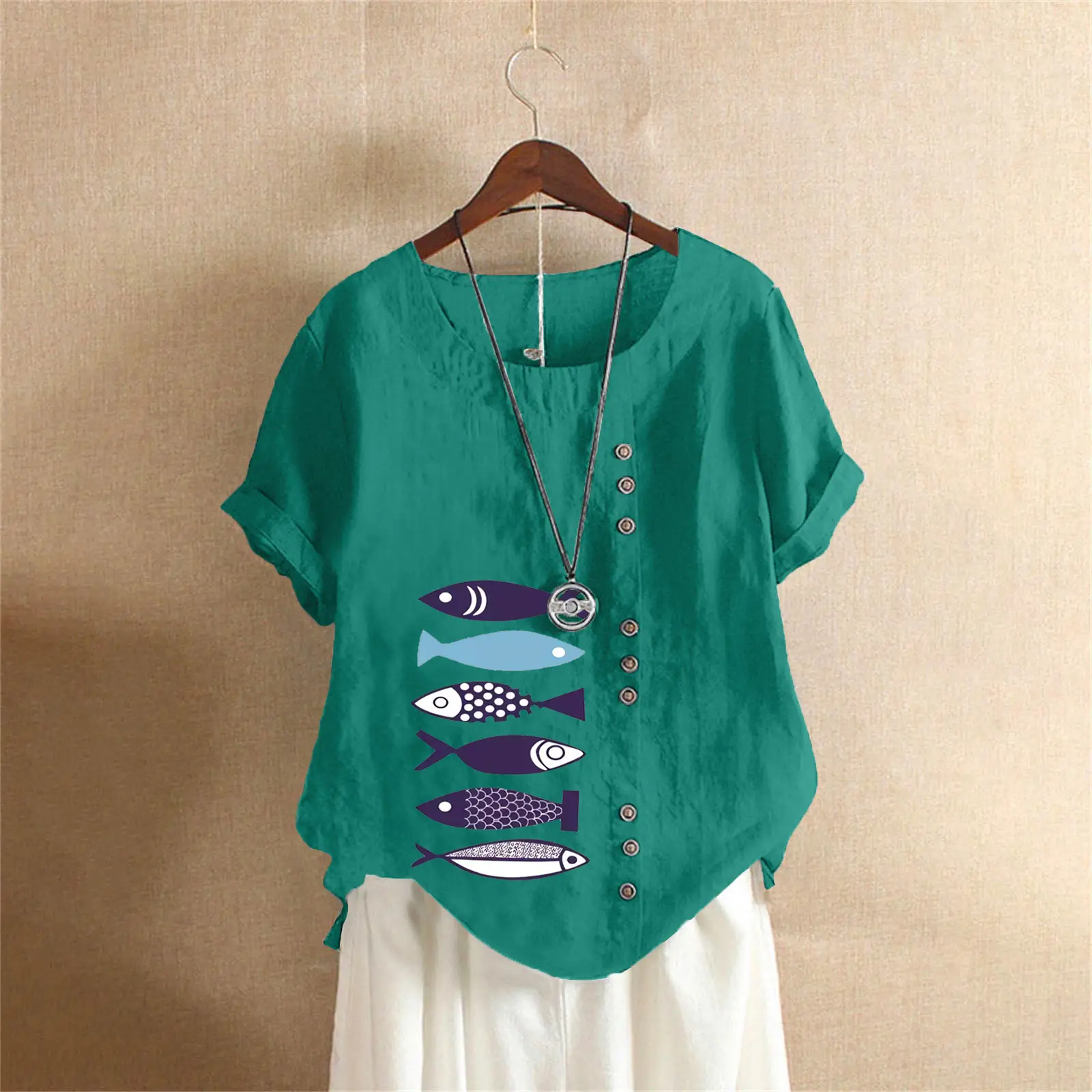 Purple Fish Print Plus Size T-Shirt for Women - Image 8