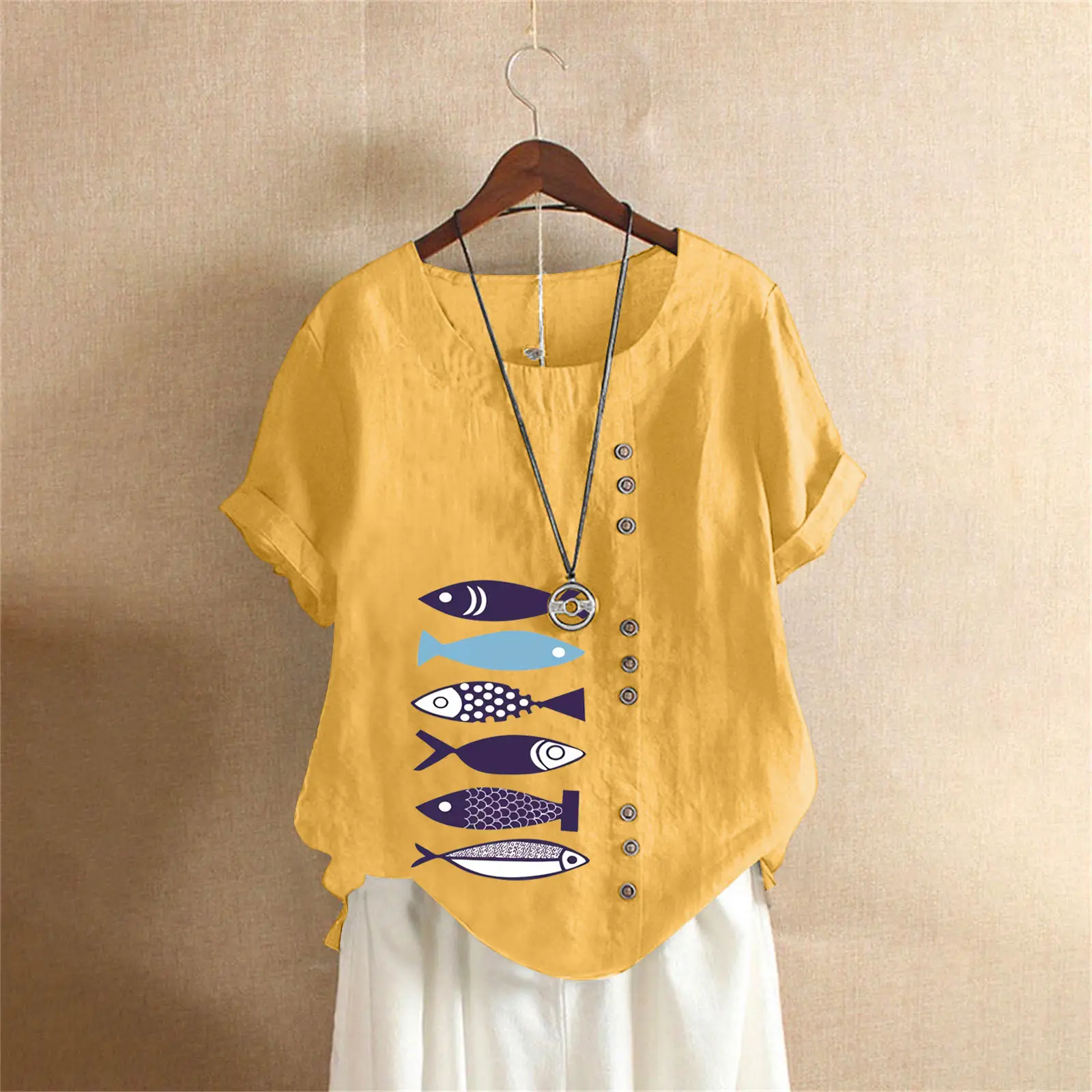 Purple Fish Print Plus Size T-Shirt for Women - Image 9
