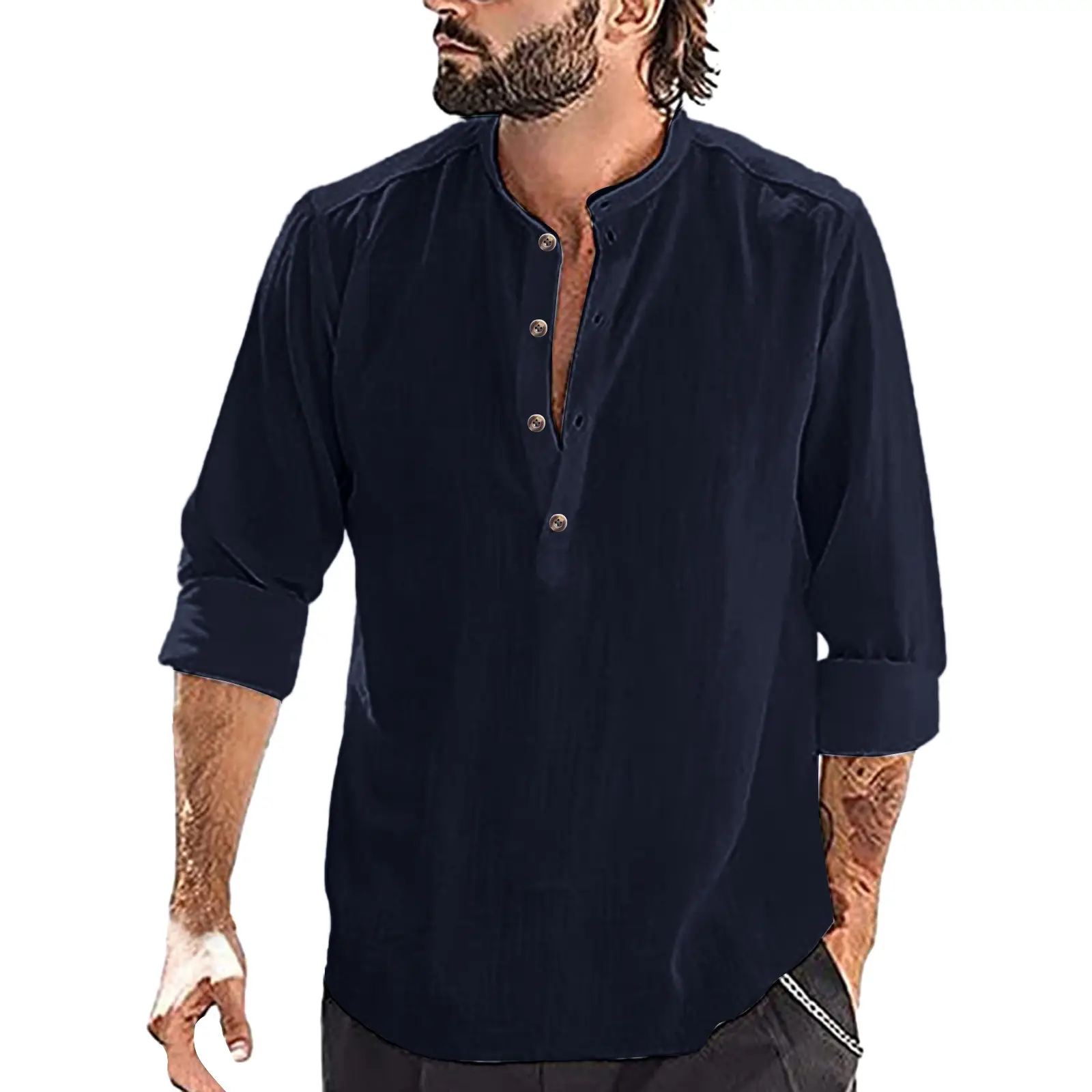 Men Black Linen Button Down Shirt 2022 - Image 4