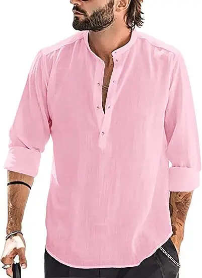 Men Black Linen Button Down Shirt 2022 - Image 5