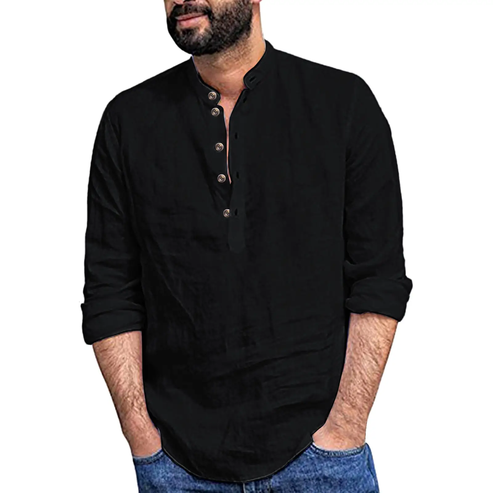 Men Black Linen Button Down Shirt 2022 - Image 2