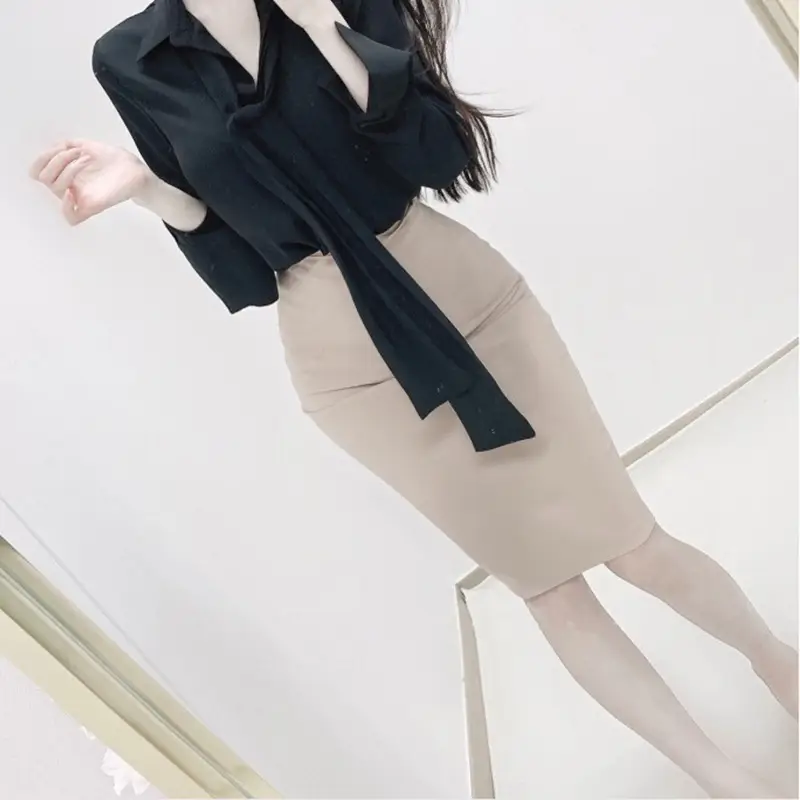 Women's Light Beige Slit Skirt Mid Length High Waist - Image 4