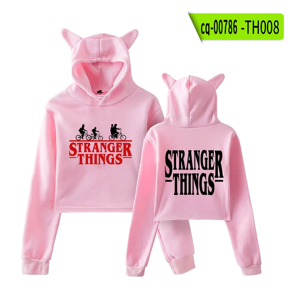 Stranger Things Hoodie Set White Cat Ears Motorcycle Print - Image 12