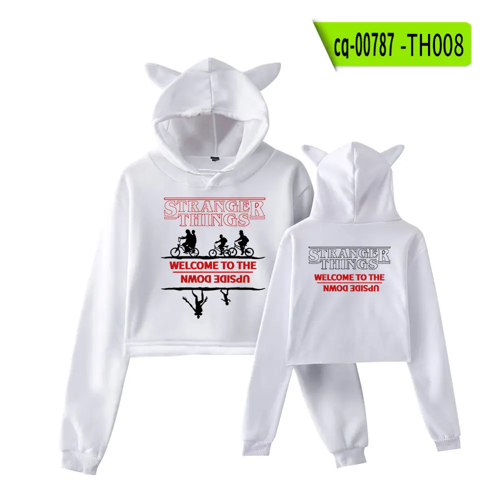 Stranger Things Hoodie Set White Cat Ears Motorcycle Print - Image 16