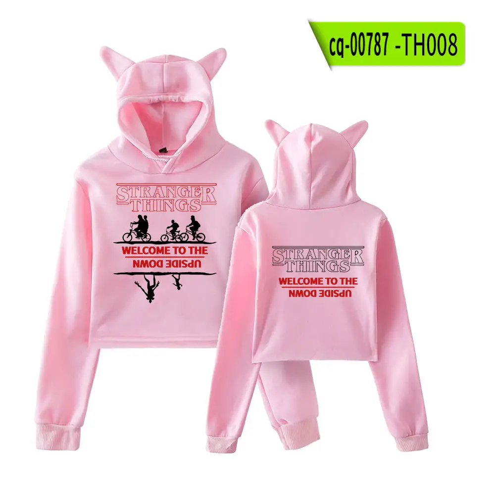 Stranger Things Hoodie Set White Cat Ears Motorcycle Print - Image 17