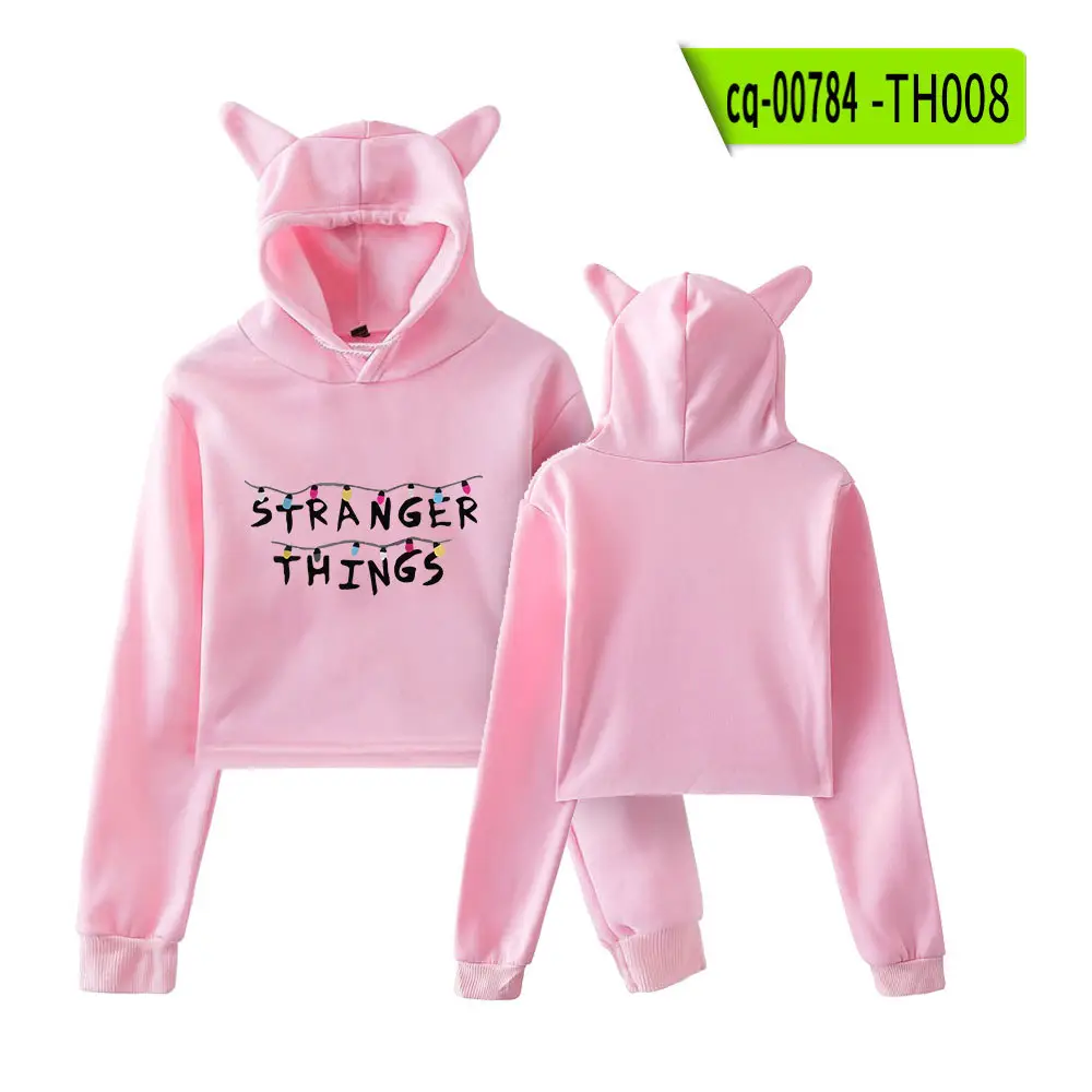Stranger Things Hoodie Set White Cat Ears Motorcycle Print - Image 2
