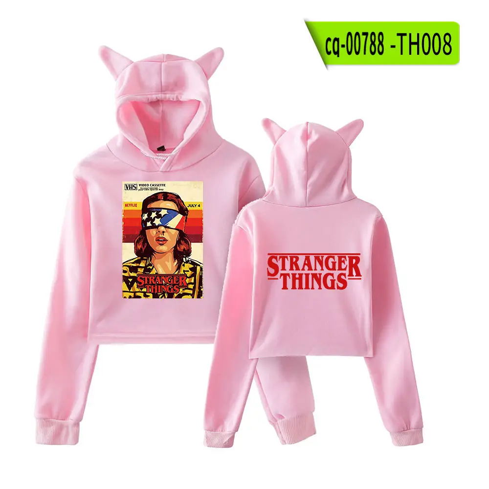 Stranger Things Hoodie Set White Cat Ears Motorcycle Print - Image 22