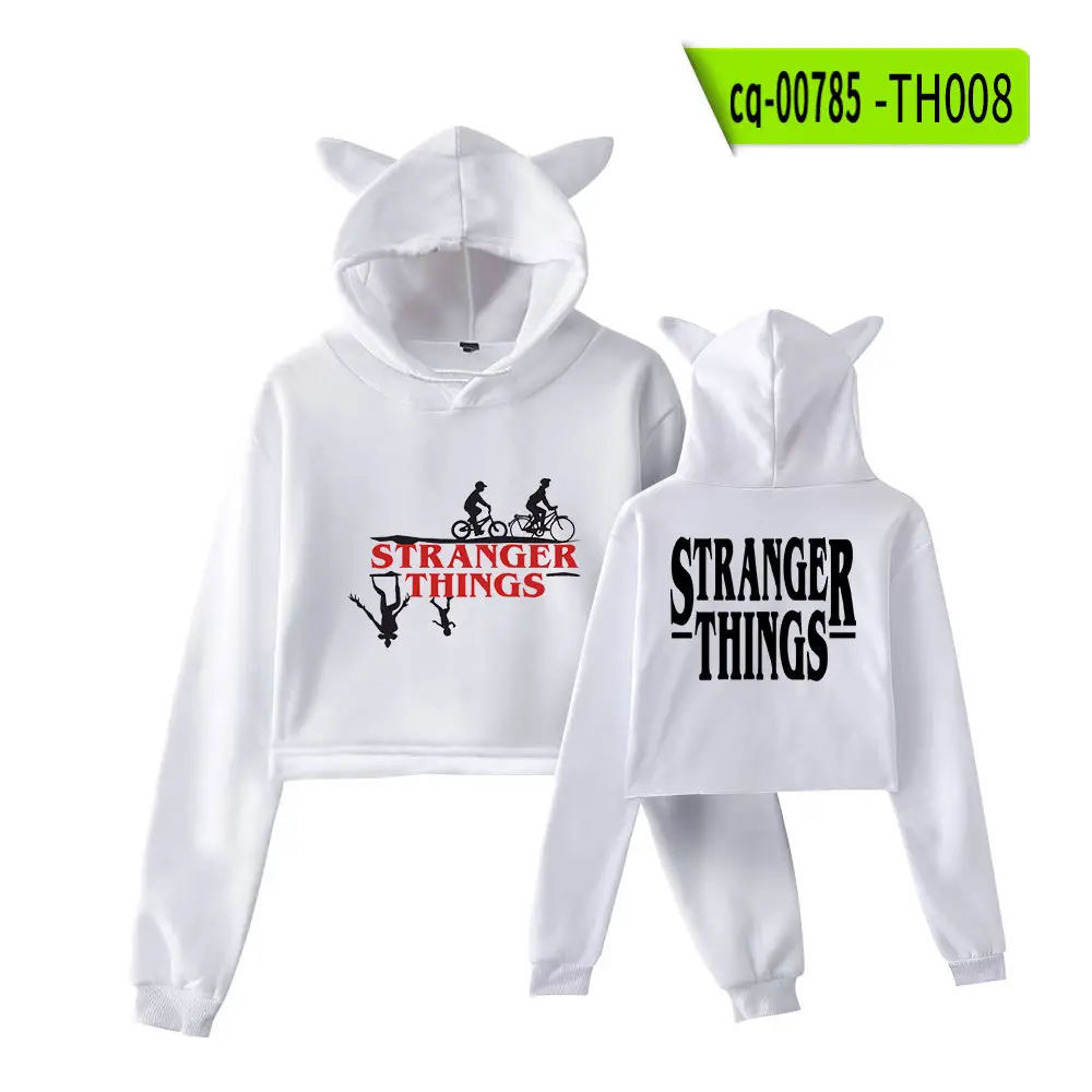 Stranger Things Hoodie Set White Cat Ears Motorcycle Print - Image 6