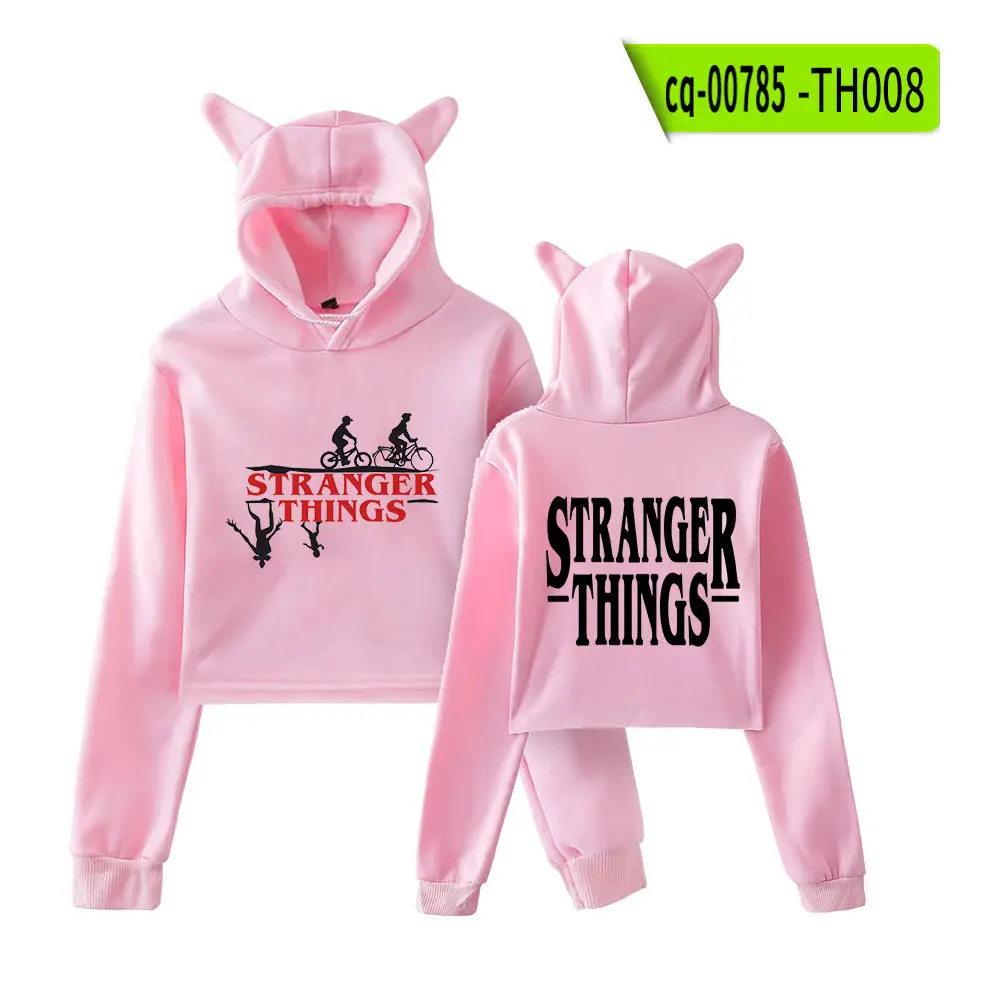 Stranger Things Hoodie Set White Cat Ears Motorcycle Print - Image 7