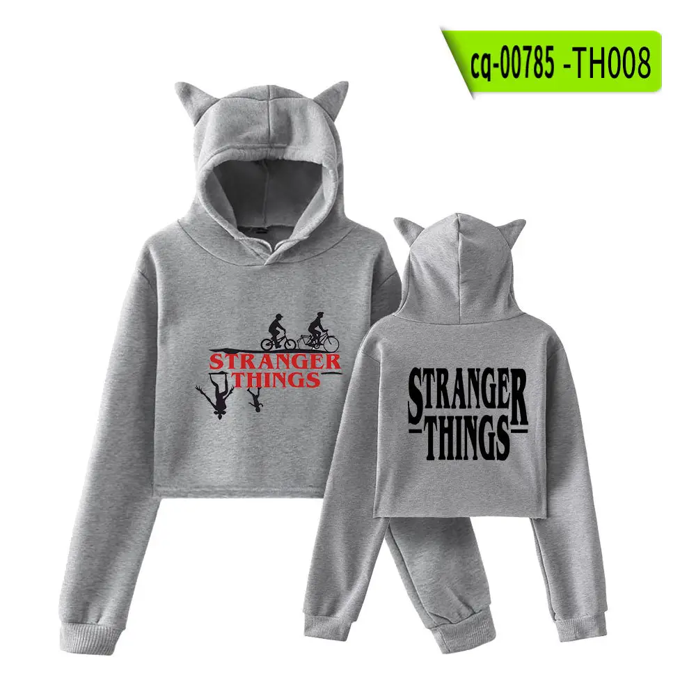 Stranger Things Hoodie Set White Cat Ears Motorcycle Print - Image 9