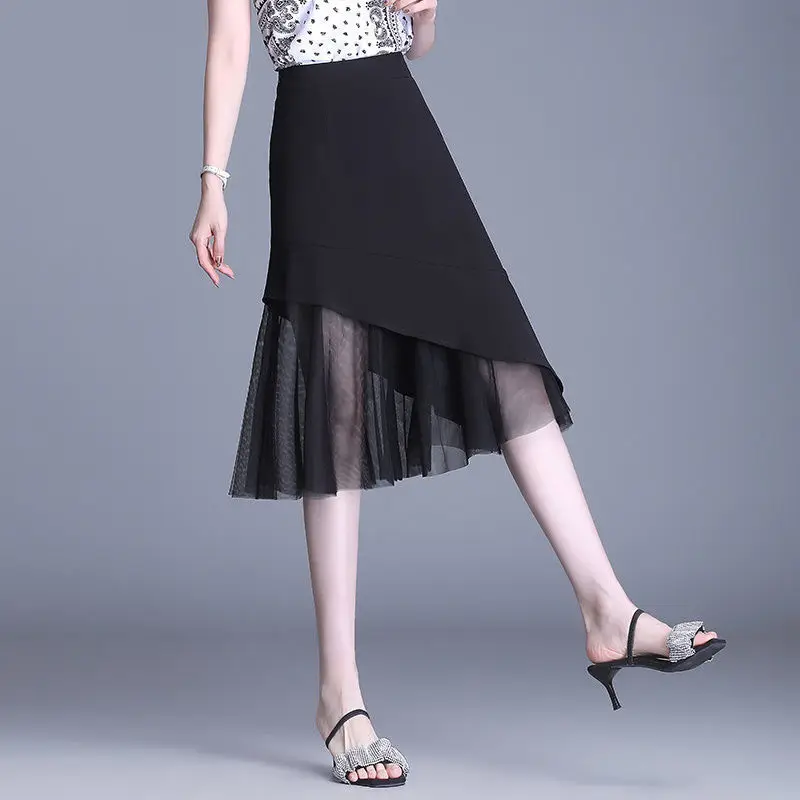 Black Mesh Skirt High Waist Mid Length Spliced - Image 2