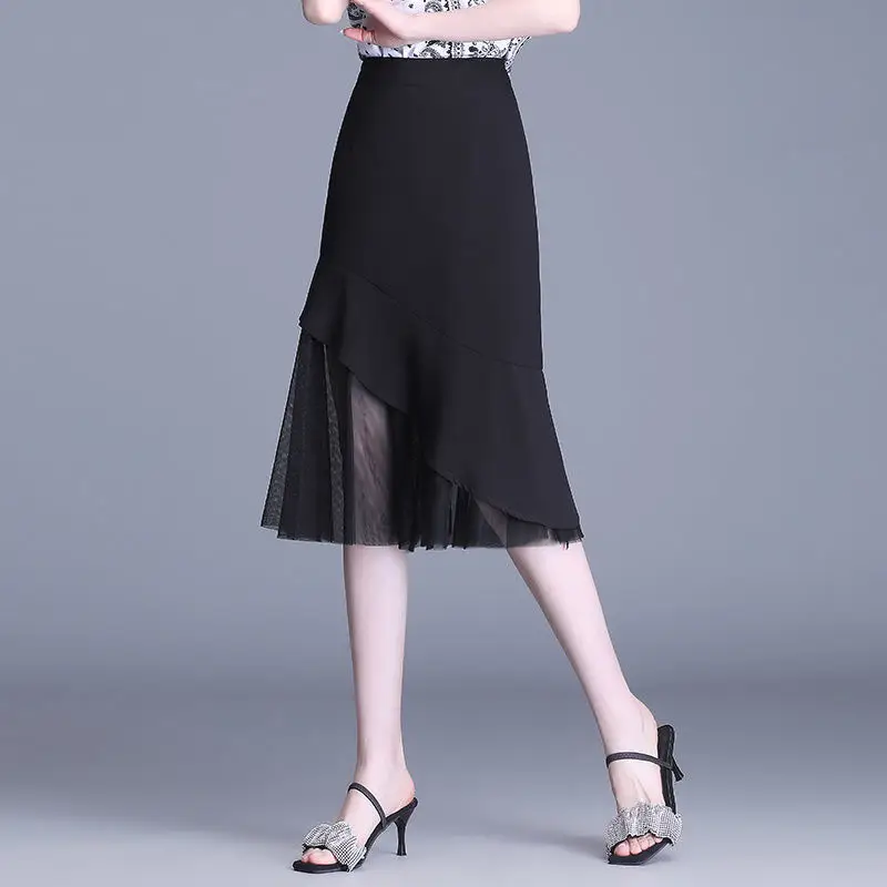Black Mesh Skirt High Waist Mid Length Spliced - Image 3