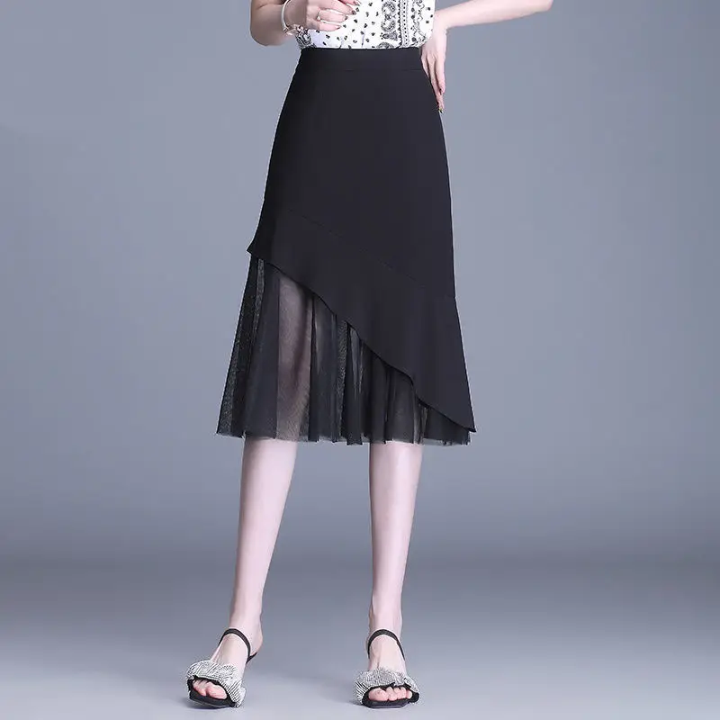 Black Mesh Skirt High Waist Mid Length Spliced - Image 4
