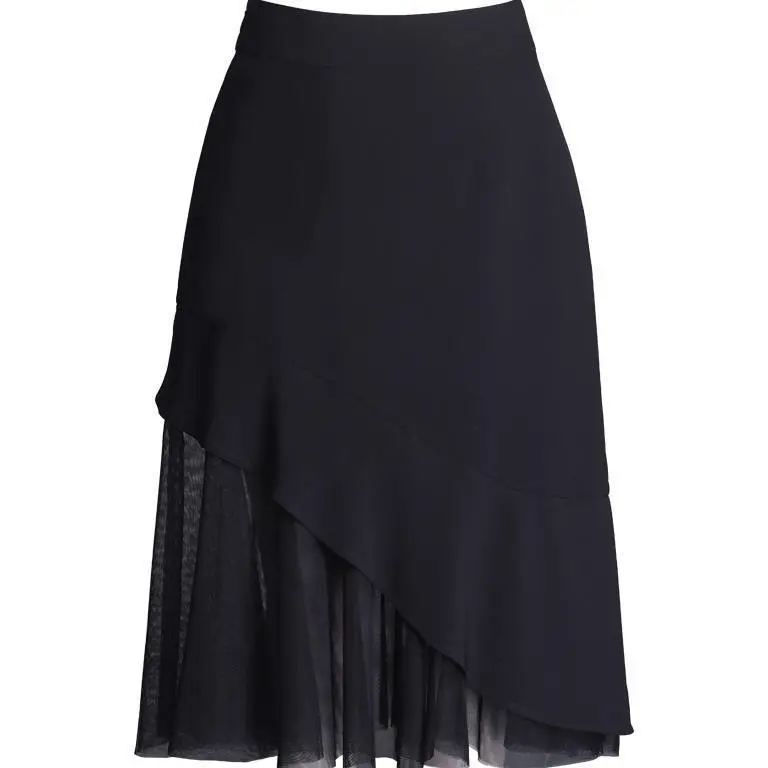 Black Mesh Skirt High Waist Mid Length Spliced - Image 5