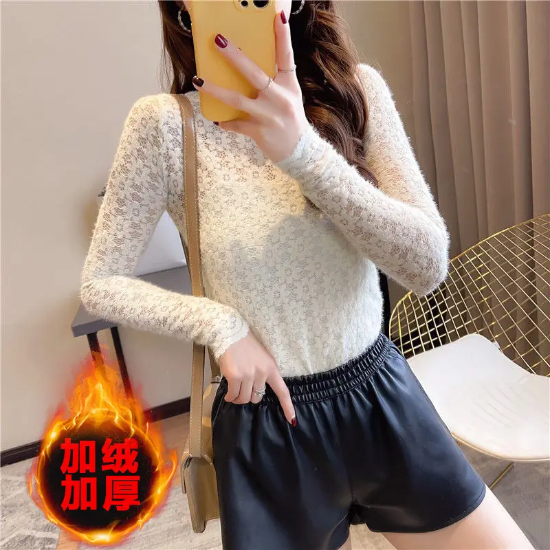 Women's White Lace Collar Shirt Autumn Winter Warm Base - Image 3