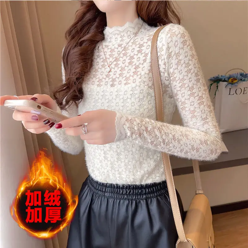 Women's White Lace Collar Shirt Autumn Winter Warm Base - Image 4