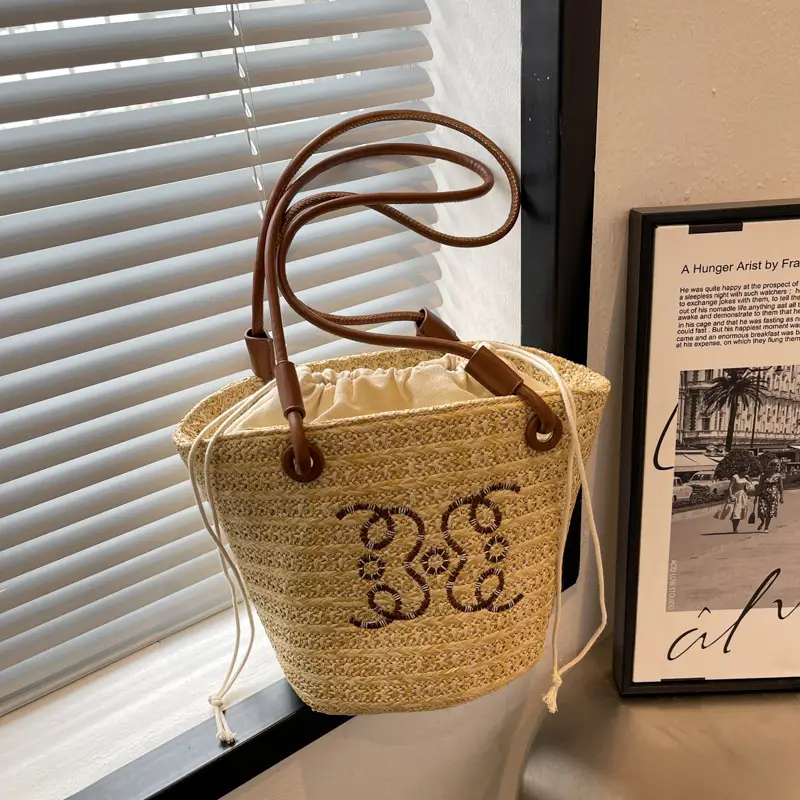 Women Straw Bag with Embroidered Design for Summer