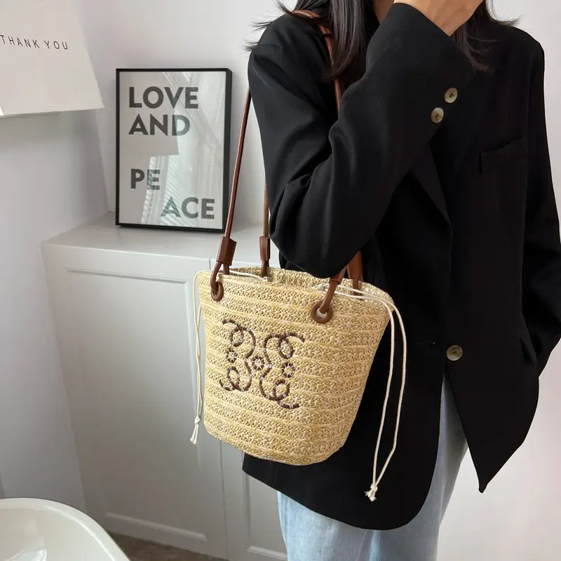 Women Straw Bag with Embroidered Design for Summer