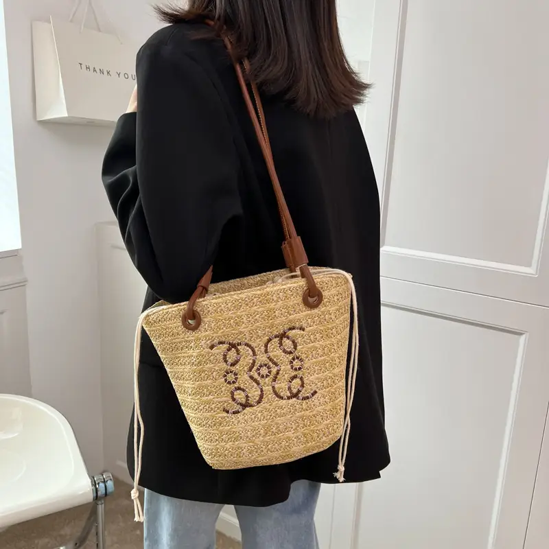 Women Straw Bag with Embroidered Design for Summer
