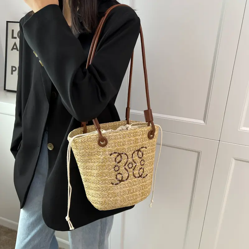 Women Straw Bag with Embroidered Design for Summer